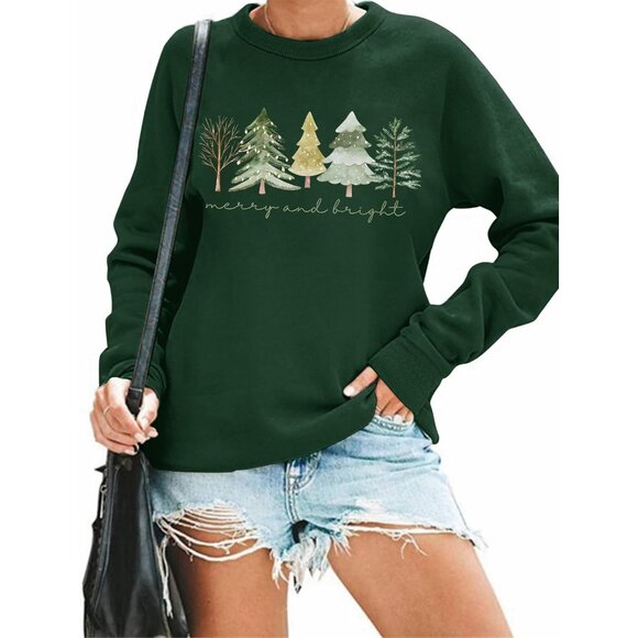 Christmas Sweater Women Cotton Blend Long Sleeve Xmas Tree Graphic - Picture 4 of 6